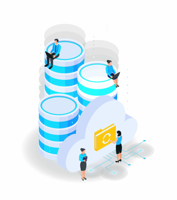 Cloud services isometric composition with icons of server capsules with cloud folder icons and human characters vector illustration